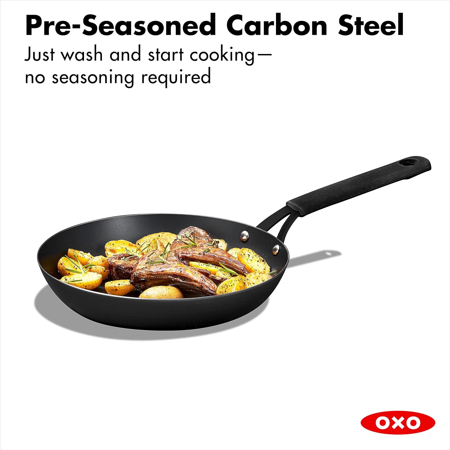 OXO Obsidian Pre-Seasoned Carbon Steel, 12 Wok Pan with Removable Silicone Handle Holder, Induction, Oven Safe, Black - Image 23