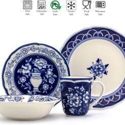 Alternative view of Euro Ceramica Blue Garden 16 Piece Oven Safe Hand Painted Stoneware Dinnerware Set, Service for 4, Bold Vase Design/Floral Pattern, White and blue