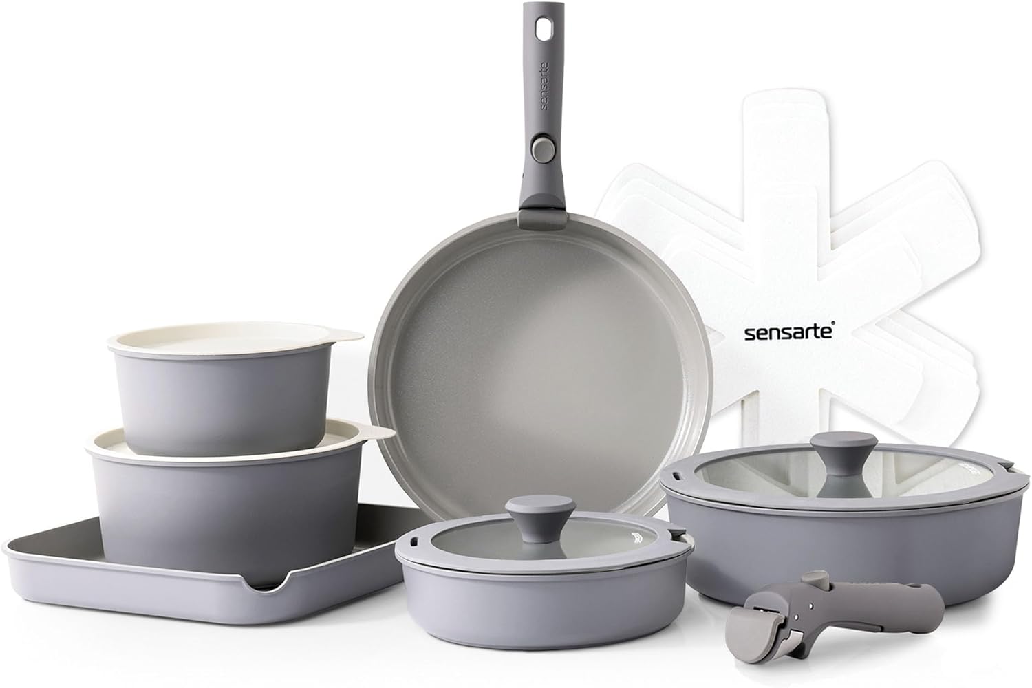 SENSARTE 17 Piece Ceramic Pots and Pans Set, Nonstick Detachable Handle Cookware, Induction Kitchen Cookware Set with Removable Handle, Dishwasher ?? Oven Safe (Gray)