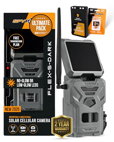 SPYPOINT Flex-S-Dark Solar Cellular Trail Camera ?C Built-in Solar Panel, 40MP Photos, 1080p Videos + Sound, No-Glow Game Camera, Night Vision, Motion Activated Trail Cam