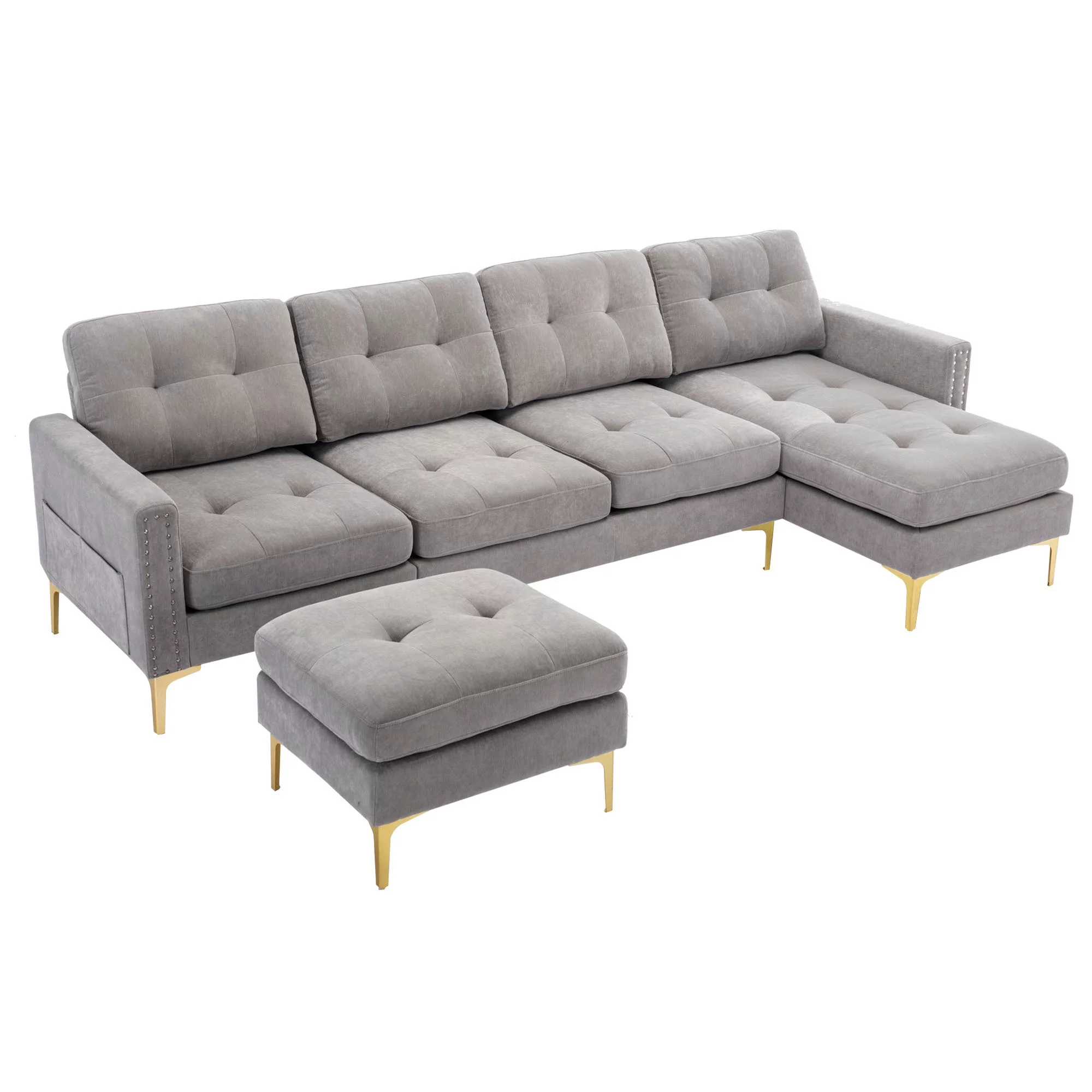 Soges U-Shaped Sectional Sofa with Ottoman, Convertible Couch for Living Room, 5 Seater Sofa, Gray, 110×54 - Image 9