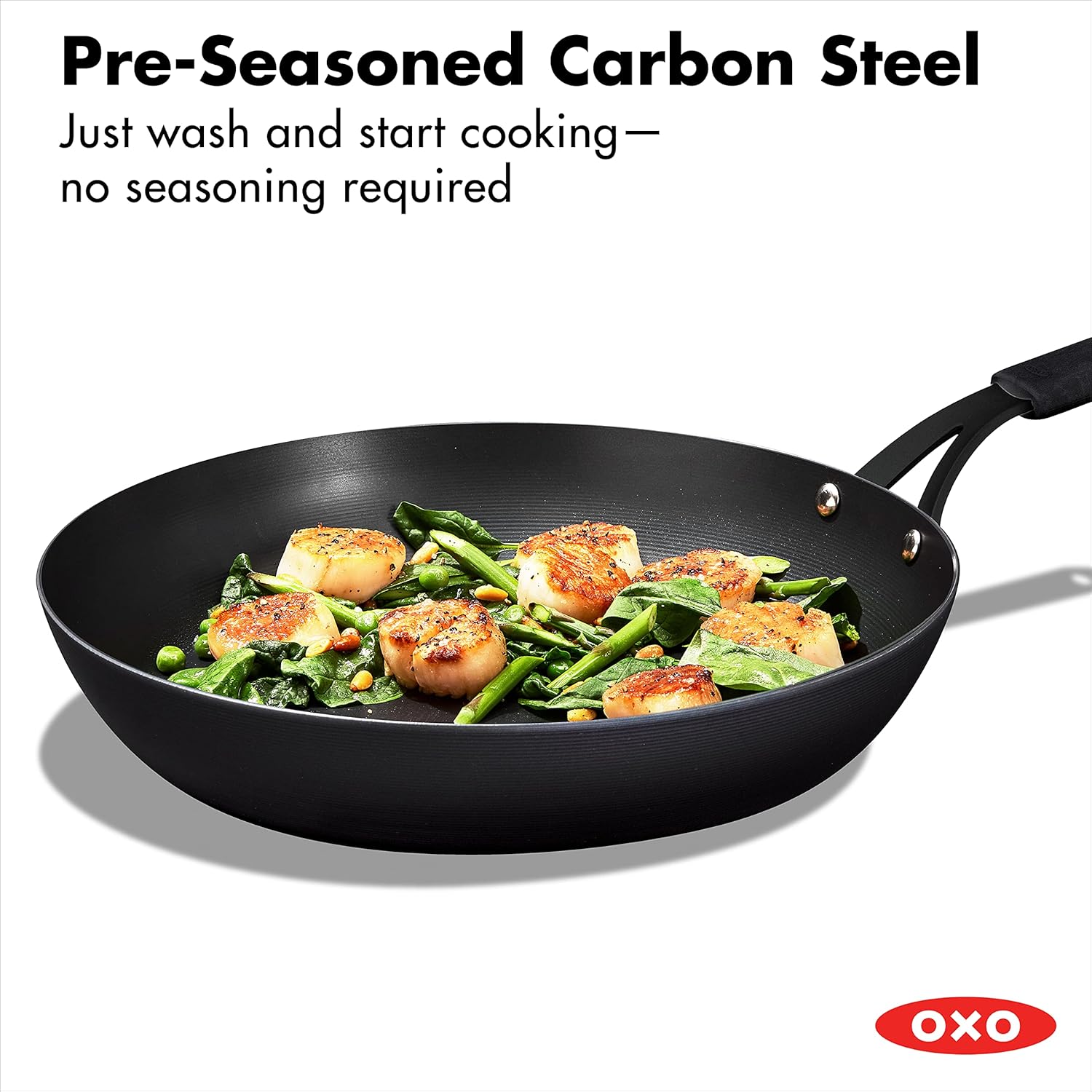 OXO Obsidian Pre-Seasoned Carbon Steel, 12 Wok Pan with Removable Silicone Handle Holder, Induction, Oven Safe, Black - Image 18