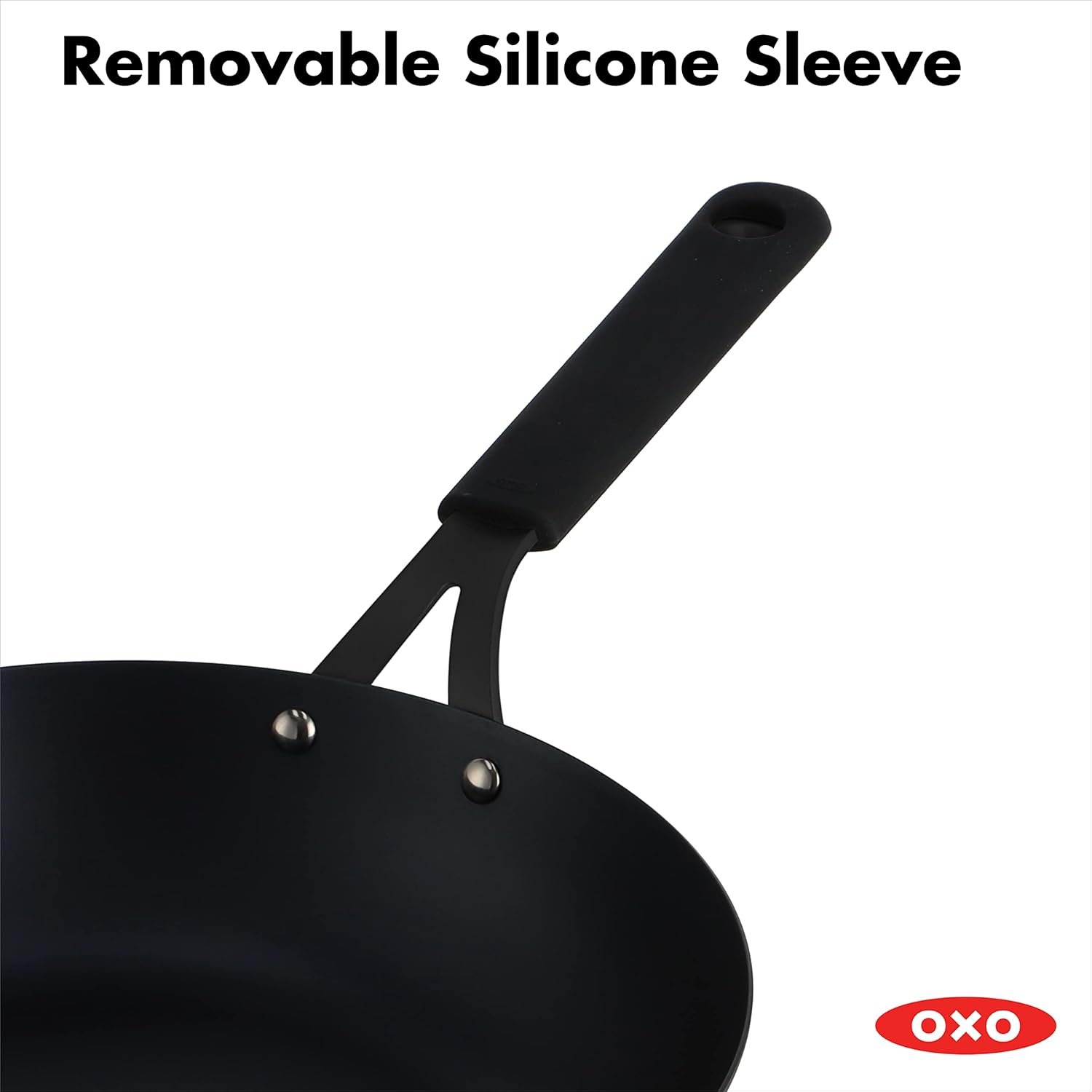OXO Obsidian Pre-Seasoned Carbon Steel, 12 Wok Pan with Removable Silicone Handle Holder, Induction, Oven Safe, Black - Image 5