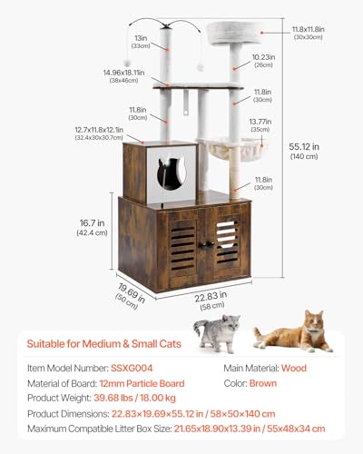 VEVOR Large Cat Tree with Litter Box Enclosure, 55.12 inches Tall, 2-in-1 Cat Tower, Multi-Level Cat Condo Furniture with Perches, Sisal Scratching Posts, Hammock, Big Kittens House for Indoor Cats - Image 8