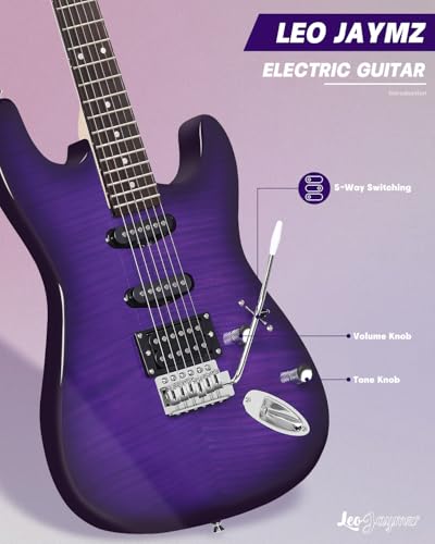 Leo Jaymz 39 Full Size ST Style Electric Guitar Starter Kit with SSH Pickup, 5W Portable Amp, Tuner, Gig Bag, Strap & Accessories (Violet Ocean) - Image 74