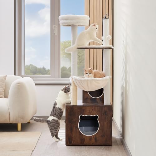 VEVOR Large Cat Tree with Litter Box Enclosure, 55.12 inches Tall, 2-in-1 Cat Tower, Multi-Level Cat Condo Furniture with Perches, Sisal Scratching Posts, Hammock, Big Kittens House for Indoor Cats - Image 9
