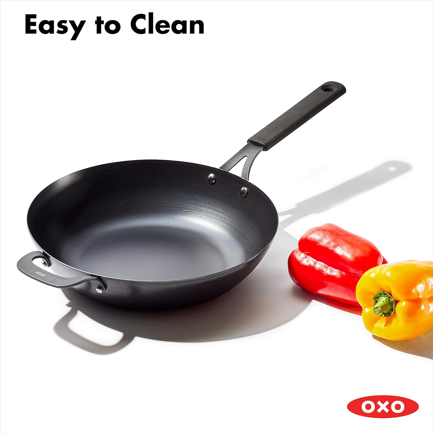 OXO Obsidian Pre-Seasoned Carbon Steel, 12 Wok Pan with Removable Silicone Handle Holder, Induction, Oven Safe, Black - Image 8