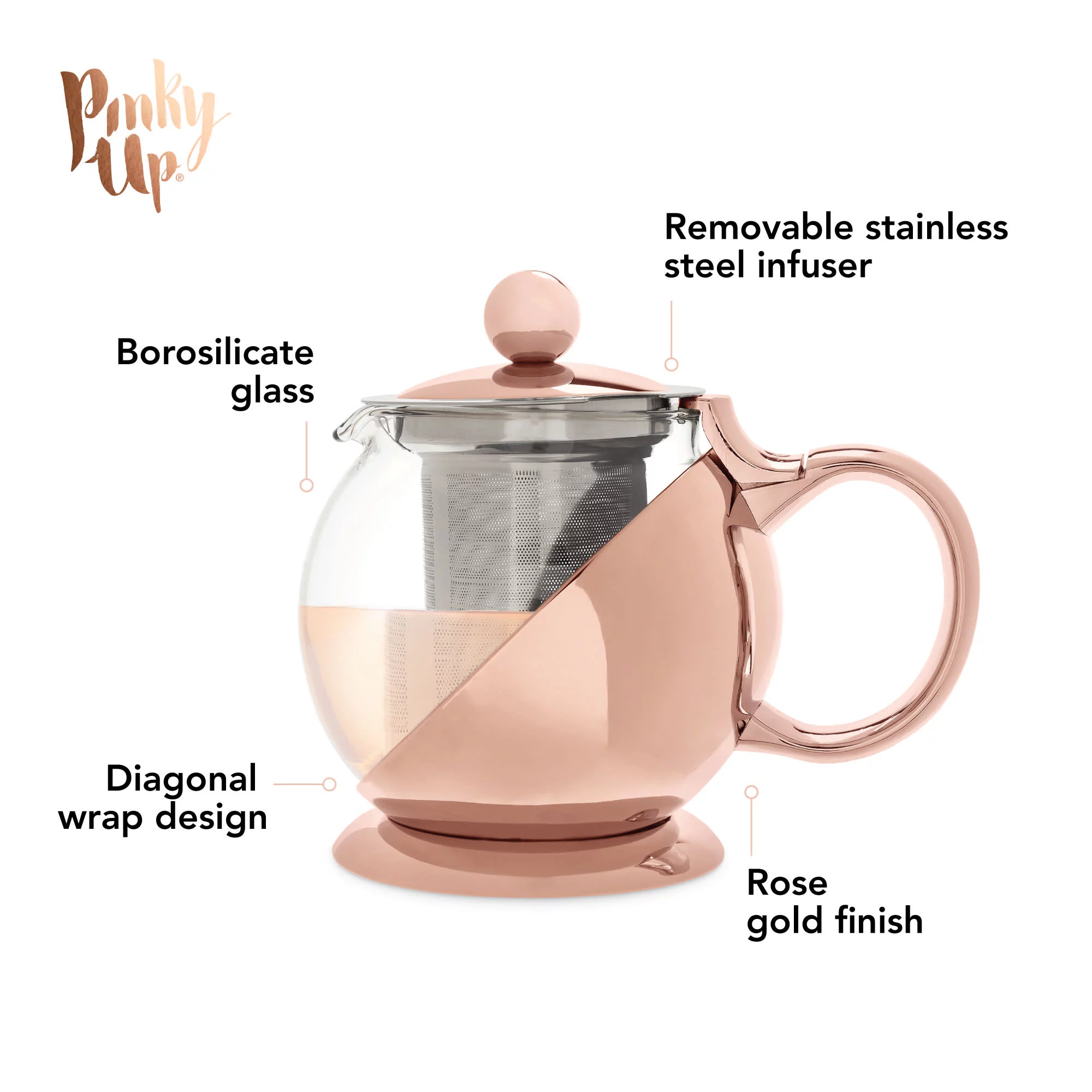 Pinky Up Rose Gold Wrapped Teapot – Tea Clear Glass Pot with Infuser Strainer and Tea Kettle for Loose Tea, 24 Oz - Image 3