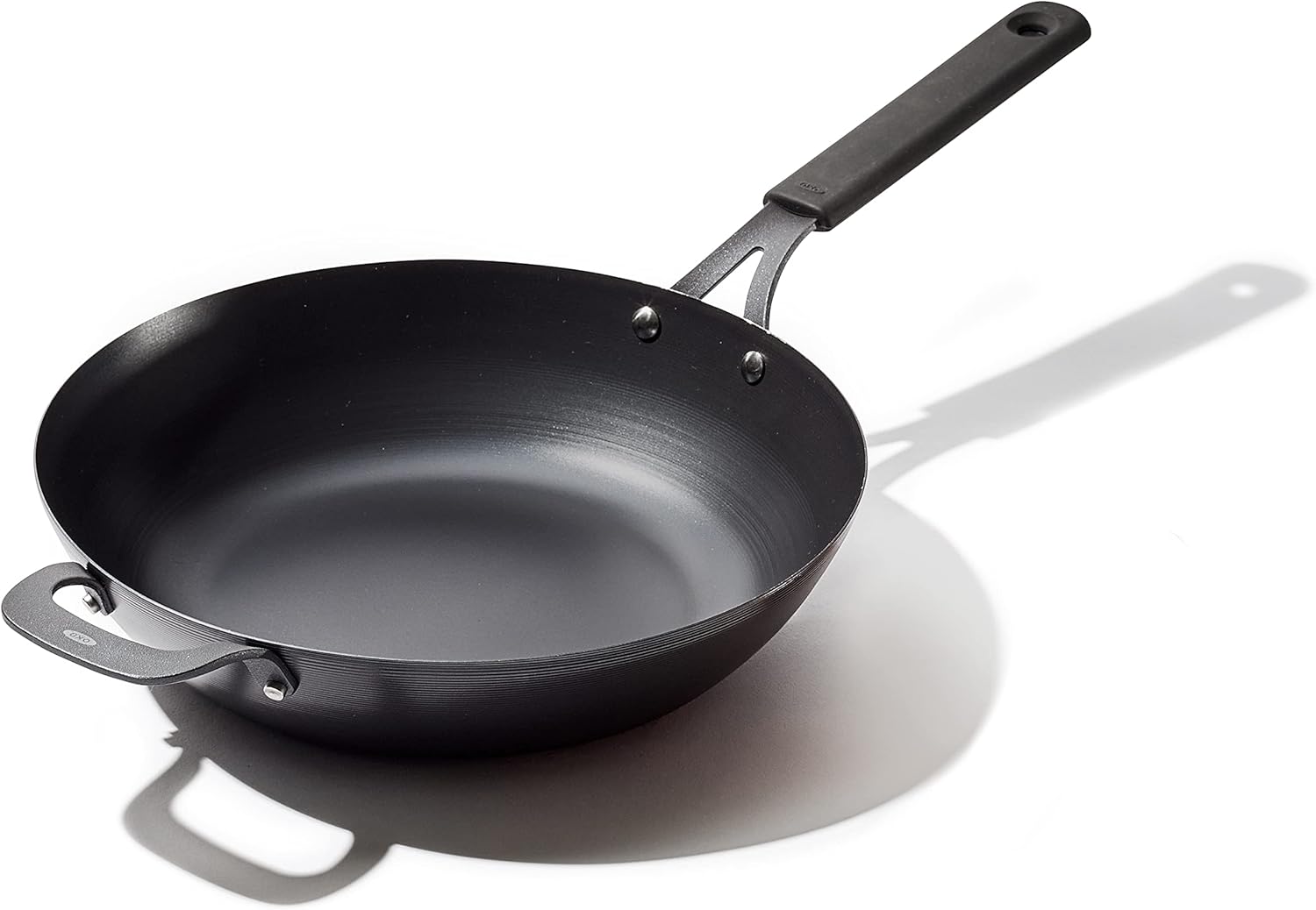 OXO Obsidian Pre-Seasoned Carbon Steel, 12 Wok Pan with Removable Silicone Handle Holder, Induction, Oven Safe, Black