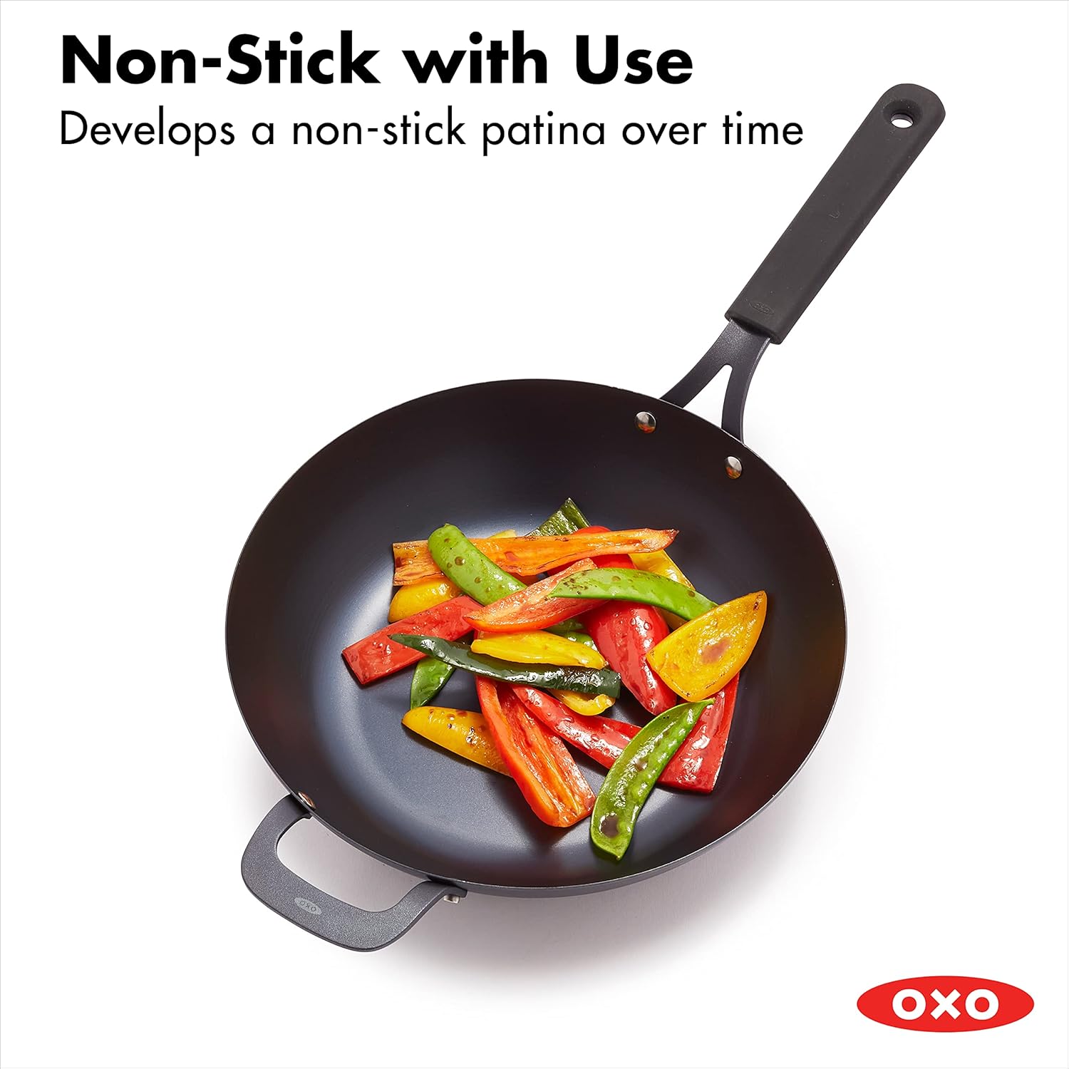 OXO Obsidian Pre-Seasoned Carbon Steel, 12 Wok Pan with Removable Silicone Handle Holder, Induction, Oven Safe, Black - Image 3