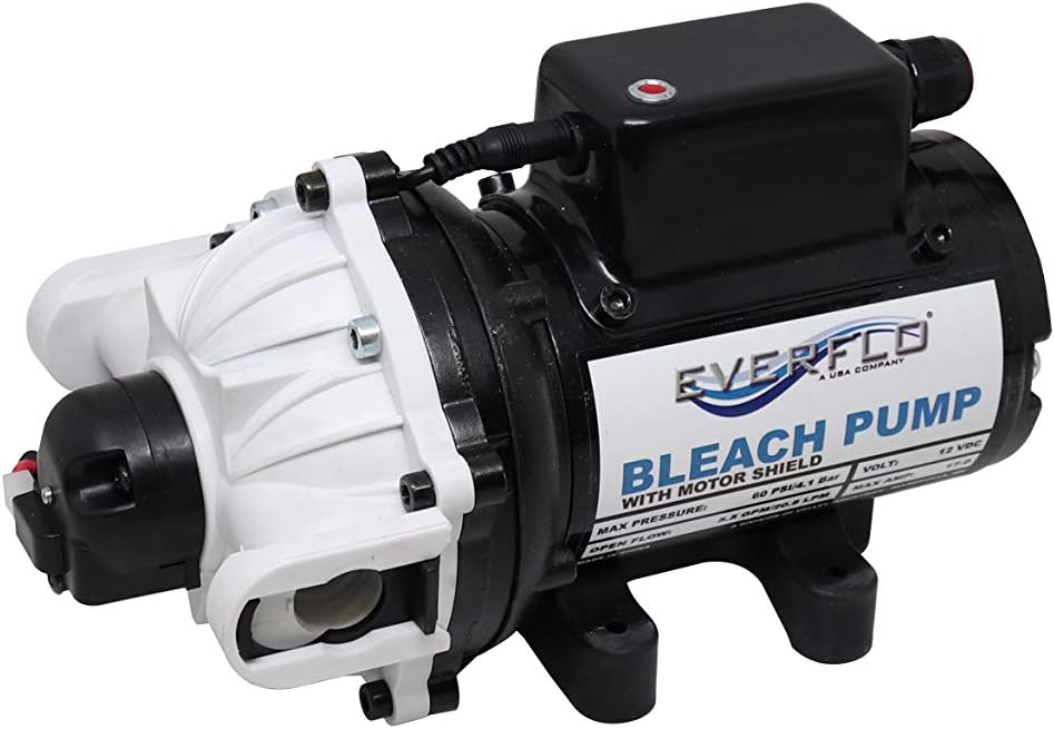 Everflo Soft Wash (Bleach) EFSW5500-BOX 12V Diaphragm Pump – 5.5GPM, 60 PSI Max, QA Ports, black (EFSW5500-BOX)