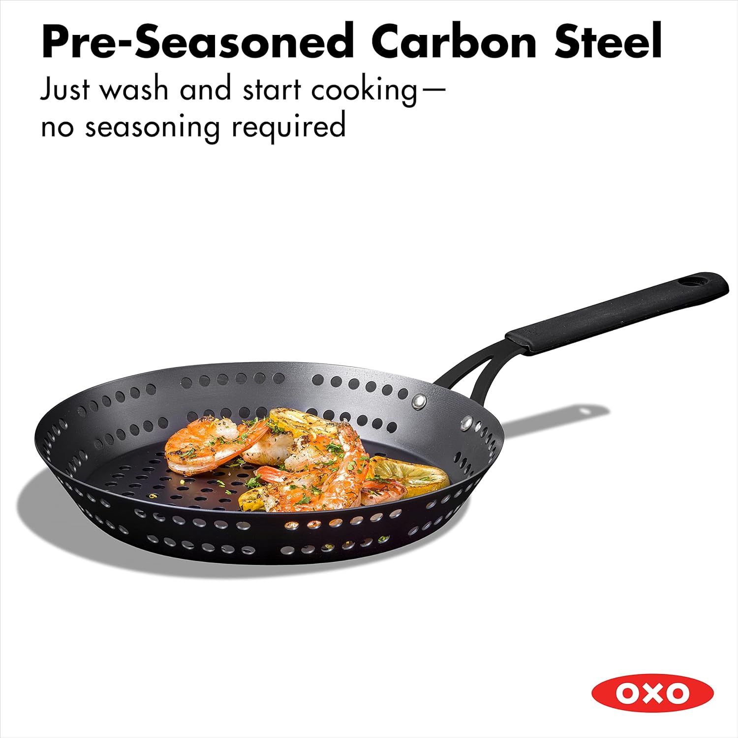OXO Obsidian Pre-Seasoned Carbon Steel, 12 Wok Pan with Removable Silicone Handle Holder, Induction, Oven Safe, Black - Image 42