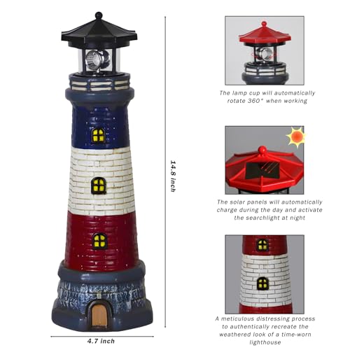 Garden Outdoor Statues, Waterproof Lighthouse Lights Lawn Decor; Automatic Rotating Solar Lights for Yard, Patio, Ground, Tabletop Decoration; Unique Housewarming Gifts – Red - Image 10