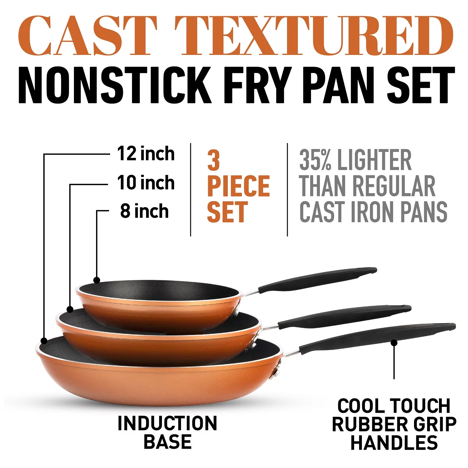 Gotham Steel Diamond 3-Piece Copper Cast Frying Pan Set, Nonstick Cookware - Image 3