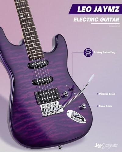 Leo Jaymz 39 Full Size ST Style Electric Guitar Starter Kit with SSH Pickup, 5W Portable Amp, Tuner, Gig Bag, Strap & Accessories (Violet Ocean) - Image 22