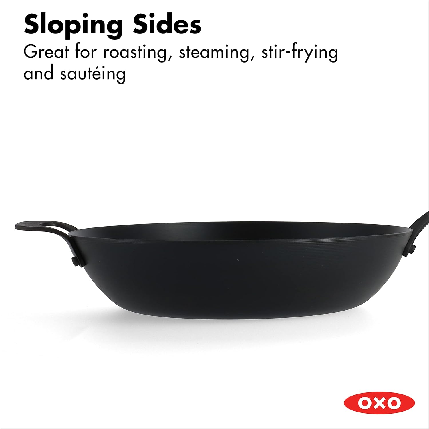OXO Obsidian Pre-Seasoned Carbon Steel, 12 Wok Pan with Removable Silicone Handle Holder, Induction, Oven Safe, Black - Image 6
