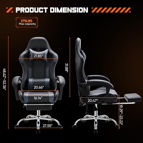 DUMOS Ergonomic Gaming Desk Chair – PU Leather Recliner with Footrest, Lumbar Support, Headrest, Fixed Armrests, Height Adjustable, 360?? Swivel, Grey, for Adults - Image 3